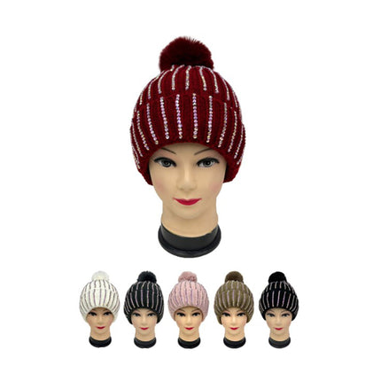 Pom Pom Rhinestone Decor Beanie H20-44 (12PC)