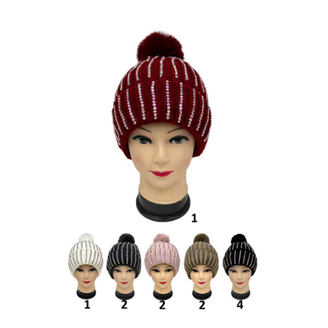 Pom Pom Rhinestone Decor Beanie H20-44 (12PC)
