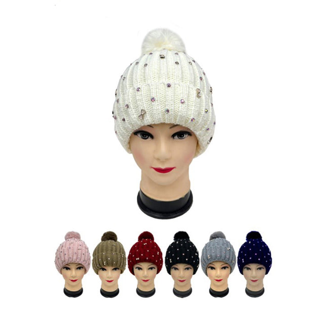 Pom Pom Rhinestone Ribbon Charm Decor Beanie H20-49 (12PC)