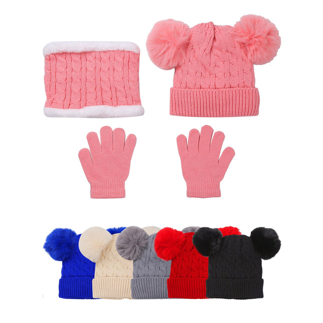 Kids Pom Pom Knitted Beanie Neck Warmer Glove 3 Set H200-17A (12PC)
