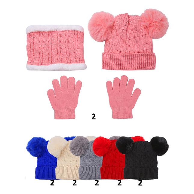 Kids Pom Pom Knitted Beanie Neck Warmer Glove 3 Set H200-17A (12PC)