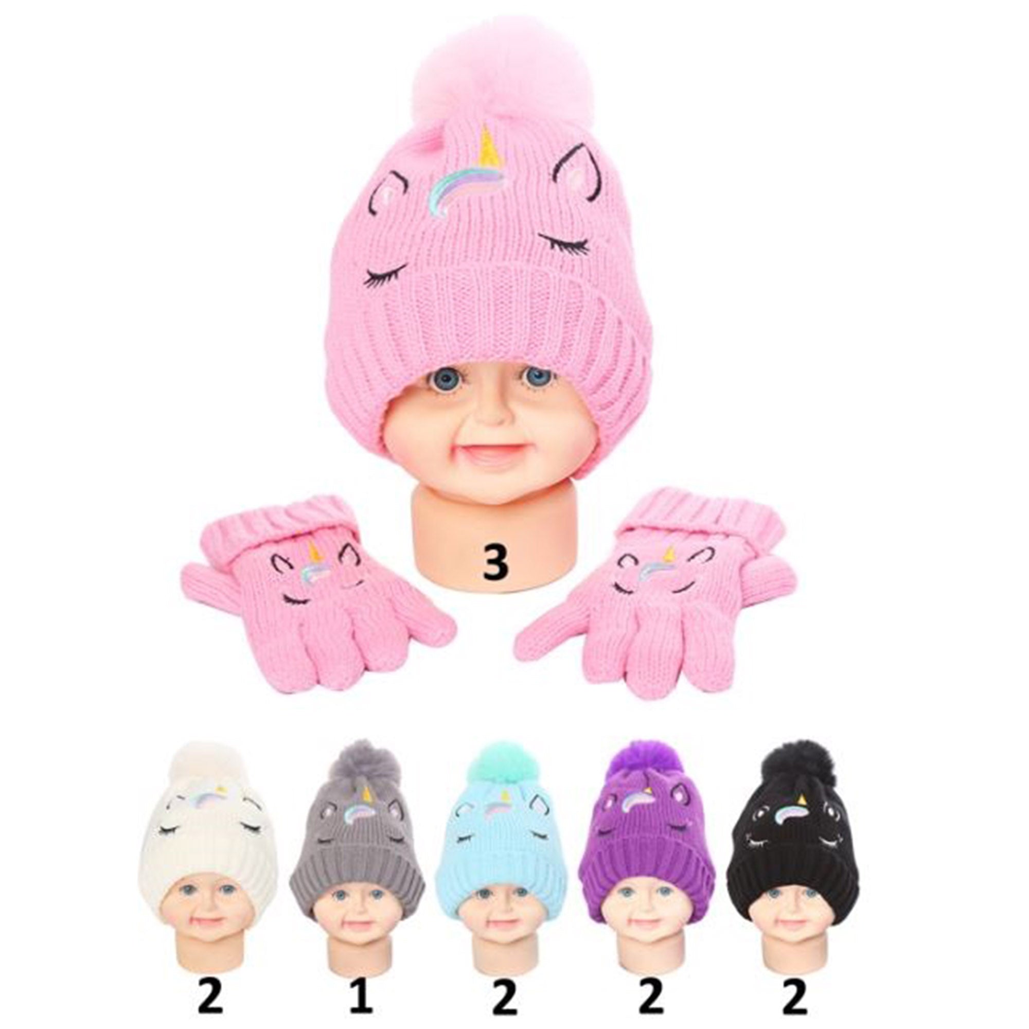 KIDS POM POM UNICORN BEANIE GLOVE SET 200 (12PC)