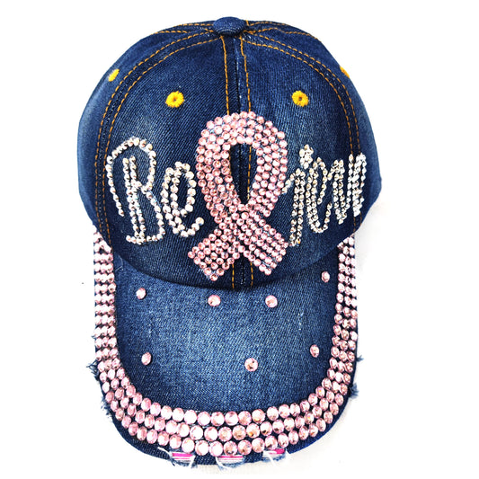 AWARENESS BREAST CANCER PINK RIBBON RHINESTONE CAP 31124-1 (12PC)