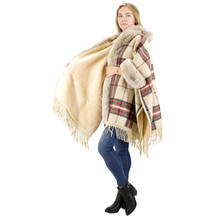 Faux Fur Plaid Pattern Hoodie Shawl P3805 (1PC)