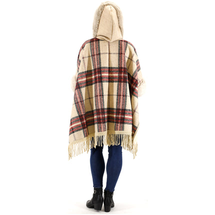 Faux Fur Plaid Pattern Hoodie Shawl P3805 (1PC)