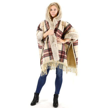 Faux Fur Plaid Pattern Hoodie Shawl P3805 (1PC)