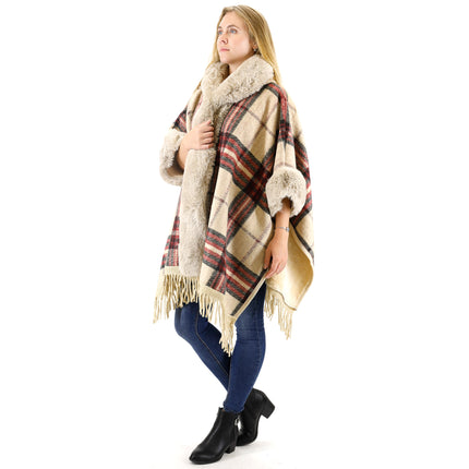 Faux Fur Plaid Pattern Hoodie Shawl P3805 (1PC)