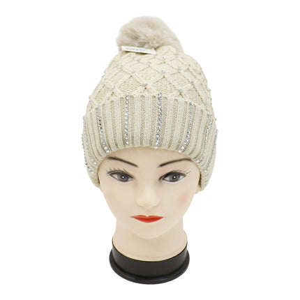 Pom Pom Rhinestone Decor Beanie H20-45 (12PC)