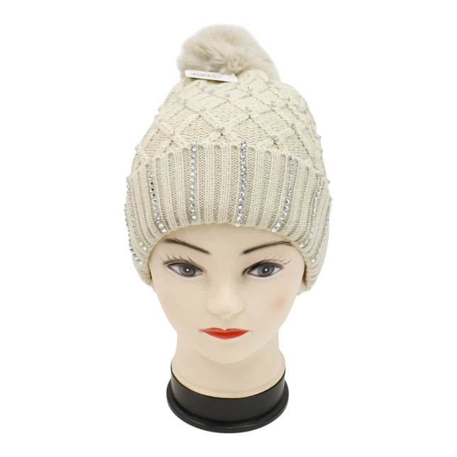 Pom Pom Rhinestone Decor Beanie H20-45 (12PC)