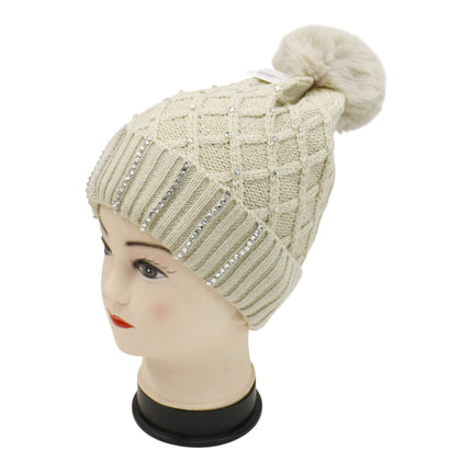 Pom Pom Rhinestone Decor Beanie H20-45 (12PC)