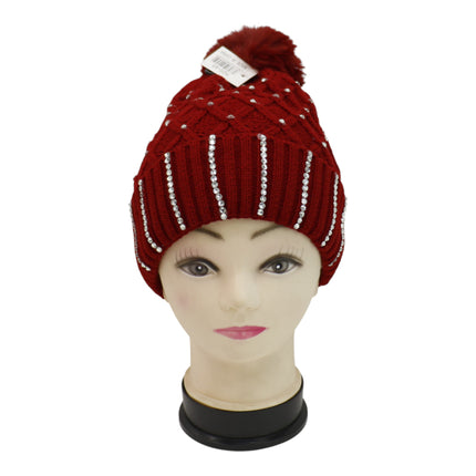 Pom Pom Rhinestone Decor Beanie H20-45 (12PC)