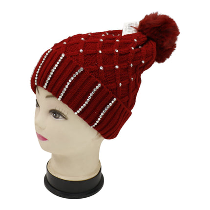 Pom Pom Rhinestone Decor Beanie H20-45 (12PC)