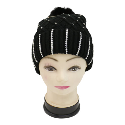 Pom Pom Rhinestone Decor Beanie H20-45 (12PC)