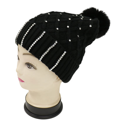 Pom Pom Rhinestone Decor Beanie H20-45 (12PC)