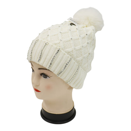 Pom Pom Rhinestone Decor Beanie H20-45 (12PC)