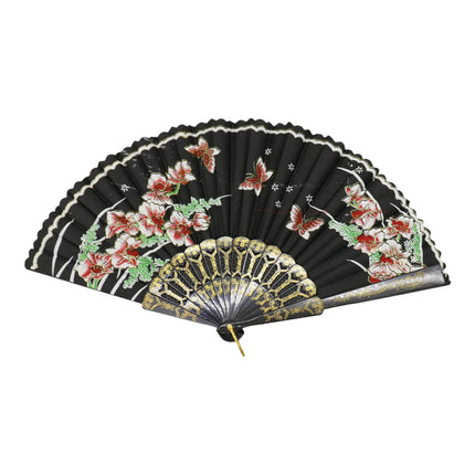 Butterfly Floral Black Frame Hand Held Folding Fan JF6423-14 (12PC)