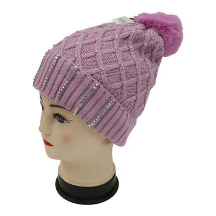 Pom Pom Rhinestone Decor Beanie H20-45 (12PC)