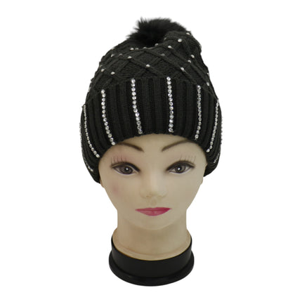 Pom Pom Rhinestone Decor Beanie H20-45 (12PC)