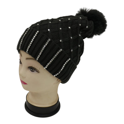 Pom Pom Rhinestone Decor Beanie H20-45 (12PC)