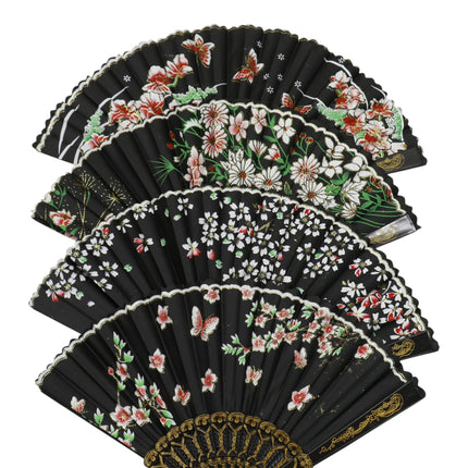 Butterfly Floral Black Frame Hand Held Folding Fan JF6423-14 (12PC)