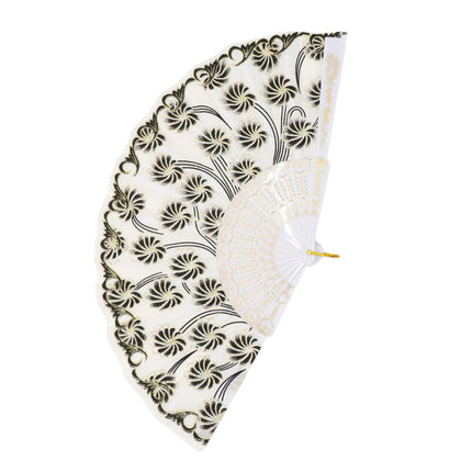 Black Floral Gold Glitter White Frame Hand Held Folding Fan JF6323-3 (12PC)
