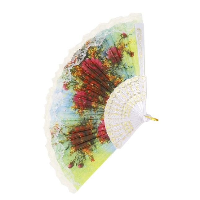 Floral Garden White Lace Trim Hand Held Folding Fan JF6323-13 (12PC)