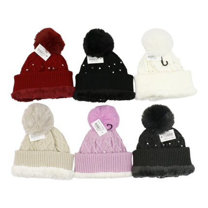 Pom Pom Rhinestone Decor Beanie H20-45 (12PC)