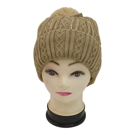 Pom Pom Rhinestone Decor Beanie H20-42 (12PC)