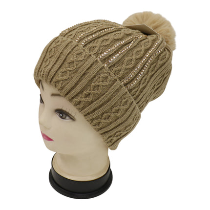 Pom Pom Rhinestone Decor Beanie H20-42 (12PC)