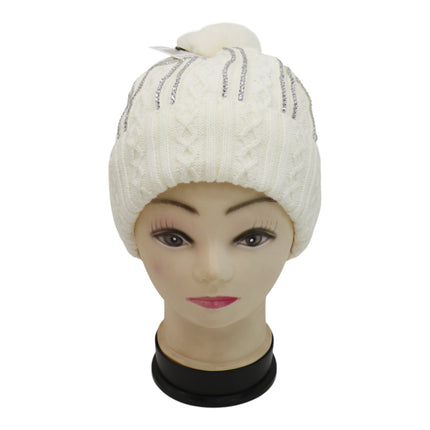 Pom Pom Rhinestone Decor Beanie H20-42 (12PC)