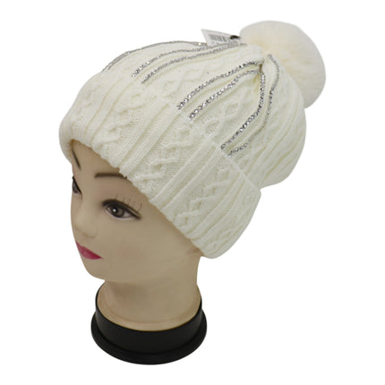 Pom Pom Rhinestone Decor Beanie H20-42 (12PC)