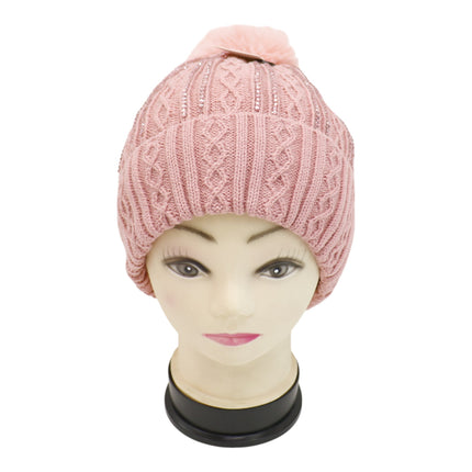 Pom Pom Rhinestone Decor Beanie H20-42 (12PC)