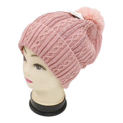 Pom Pom Rhinestone Decor Beanie H20-42 (12PC)