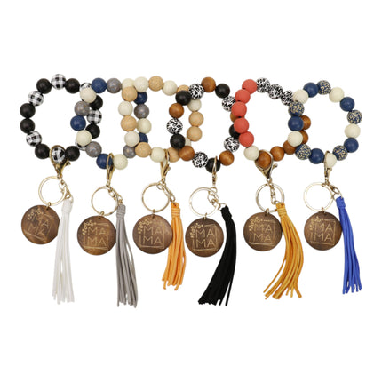 Multi Color Beaded Keychain Bracelet With Tassel JK6226-2 (12PC)