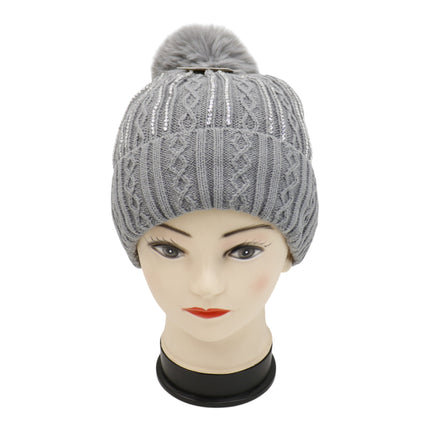 Pom Pom Rhinestone Decor Beanie H20-42 (12PC)