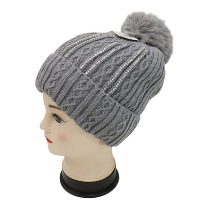 Pom Pom Rhinestone Decor Beanie H20-42 (12PC)