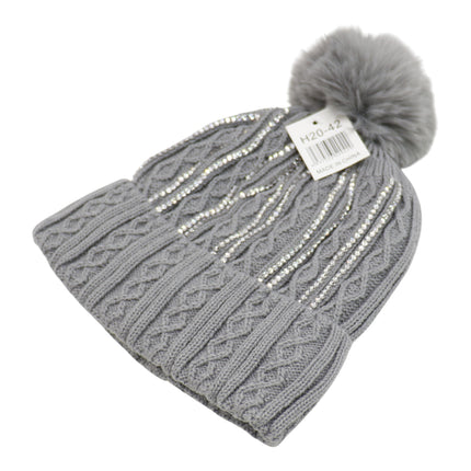 Pom Pom Rhinestone Decor Beanie H20-42 (12PC)