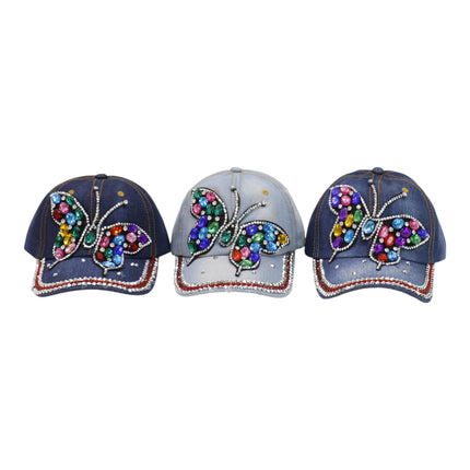 Women's Denim Rhinestone Rainbow Butterfly Cap HA6323-30 (12PC)