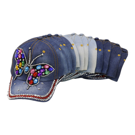 Women's Denim Rhinestone Rainbow Butterfly Cap HA6323-30 (12PC)