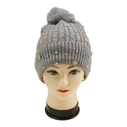 Pom Pom Knitted Beanie With Rhinestone H20-61 (12PC)