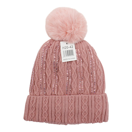 Pom Pom Rhinestone Decor Beanie H20-42 (12PC)
