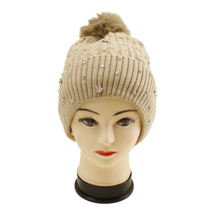 Pom Pom Knitted Beanie With Rhinestone H20-61 (12PC)