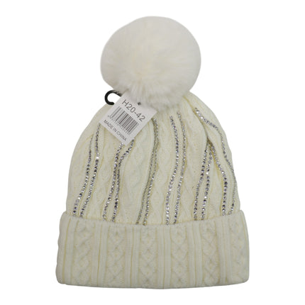 Pom Pom Rhinestone Decor Beanie H20-42 (12PC)