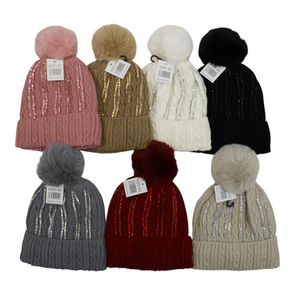 Pom Pom Rhinestone Decor Beanie H20-42 (12PC)