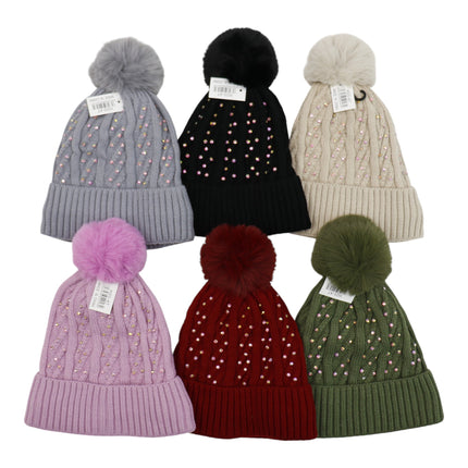 Pom Pom Rhinestone Decor Beanie H20-45 (12PC)