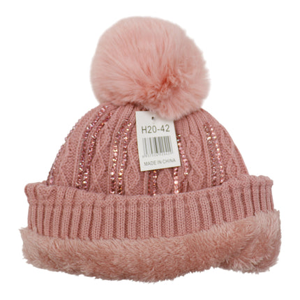 Pom Pom Rhinestone Decor Beanie H20-42 (12PC)