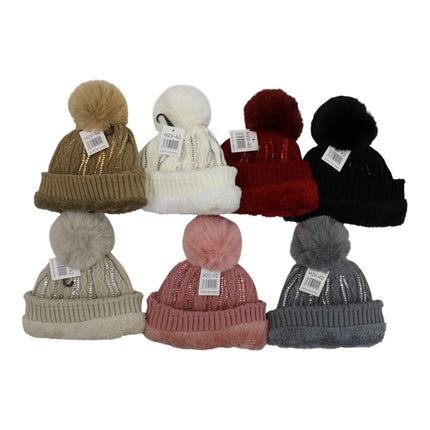 Pom Pom Rhinestone Decor Beanie H20-42 (12PC)