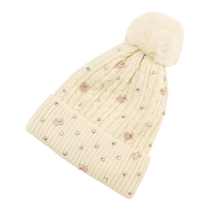 Pom Pom Knitted Beanie With Rhinestone H20-61 (12PC)