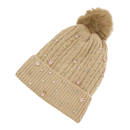 Pom Pom Knitted Beanie With Rhinestone H20-61 (12PC)