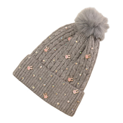 Pom Pom Knitted Beanie With Rhinestone H20-61 (12PC)